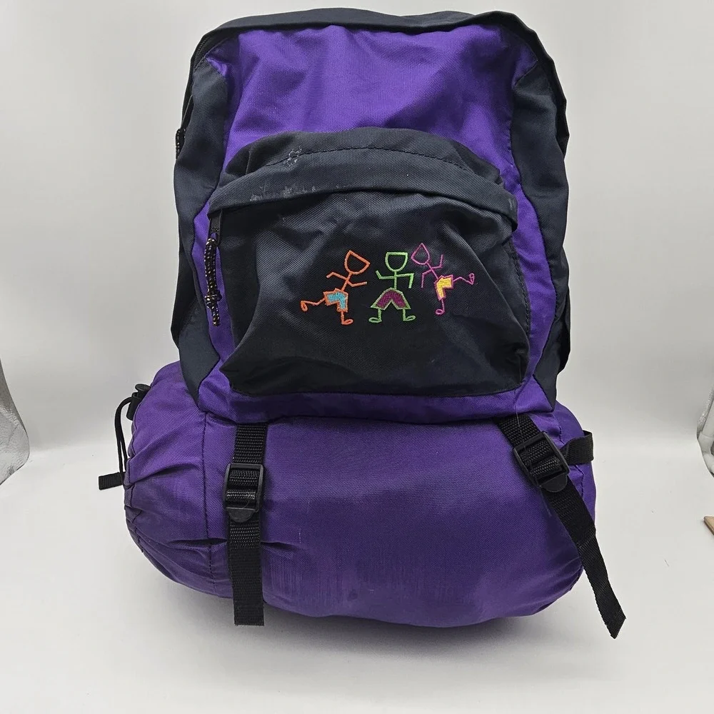 Vintage Kids Sleeping Bag‎ Small Backpack Carrier Purple Stick Figure Camping